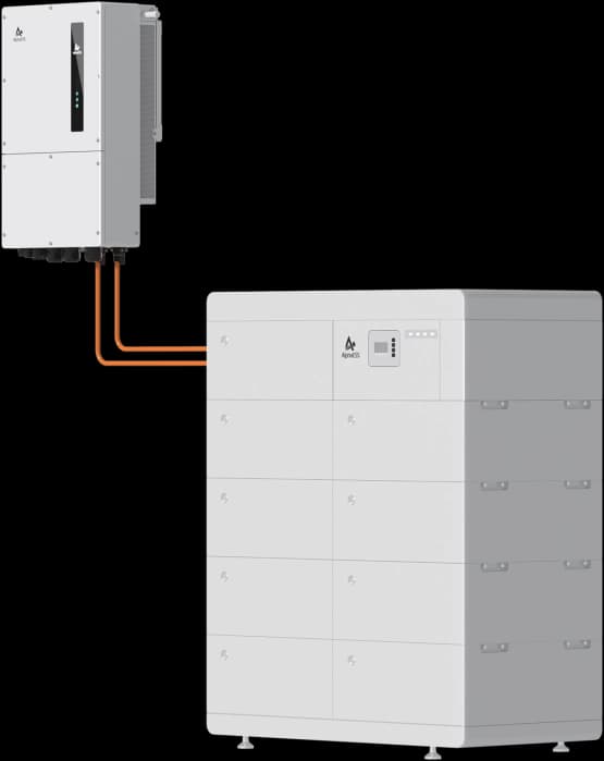 Hybrid inverter wired to a stacked commercial battery cabinet